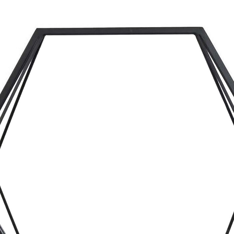 24 Inch Wall Mirror with Shelf, Hexagon Shaped, Metal, Black Finish - Benzara