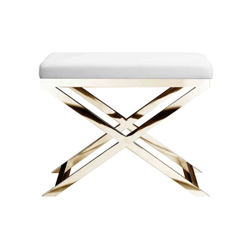 Sovi 20 Inch Ottoman Stool, White Faux Leather Seat, Stainless Steel Frame, Gold - Benzara