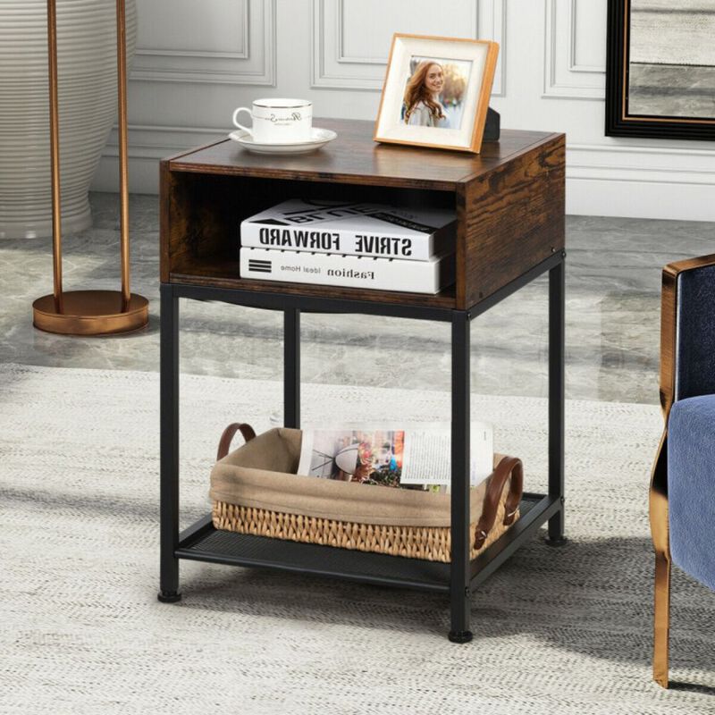 Hivago Industrial Nightstand End Side Table with Mesh Shelf image number 2