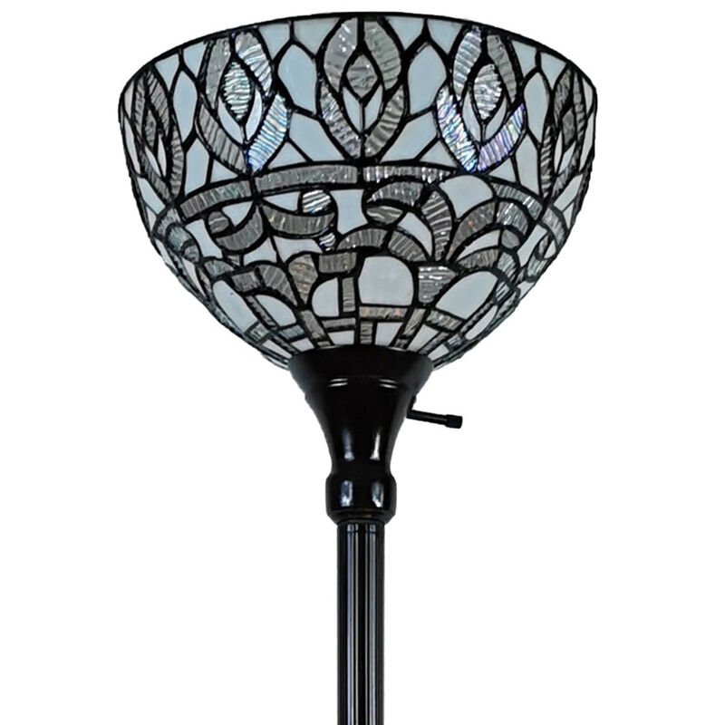 Hivvago 62" Brown And White Torchiere Floor Lamp With White Peacock Feather Glass Dome Shade