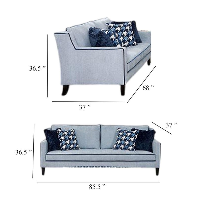 Colin 2pc Sofa and Loveseat Set, 8 Throw Pillows, Gray, Blue Polyester - Benzara