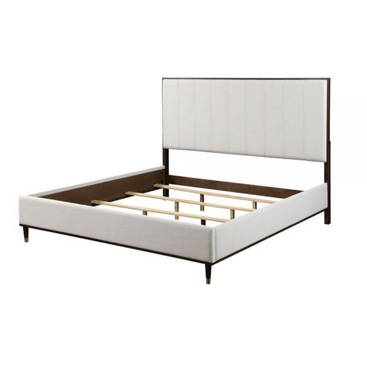 Aren Queen Bed, Light Gray Fabric Upholstery, Crisp White and Smooth Brown - Benzara