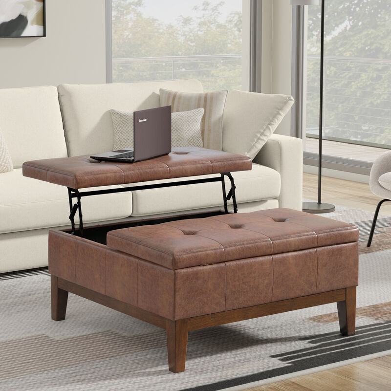 Dover 36 inch Wide Contemporary Square Lift Top Coffee Table Storage Ottoman in Distressed Saddle Brown  Vegan Faux Leather, Assembled