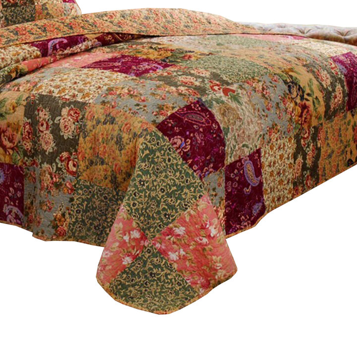 Kamet 3 Piece Fabric Full Size Bedspread Set with Floral Prints, Multicolor - Benzara
