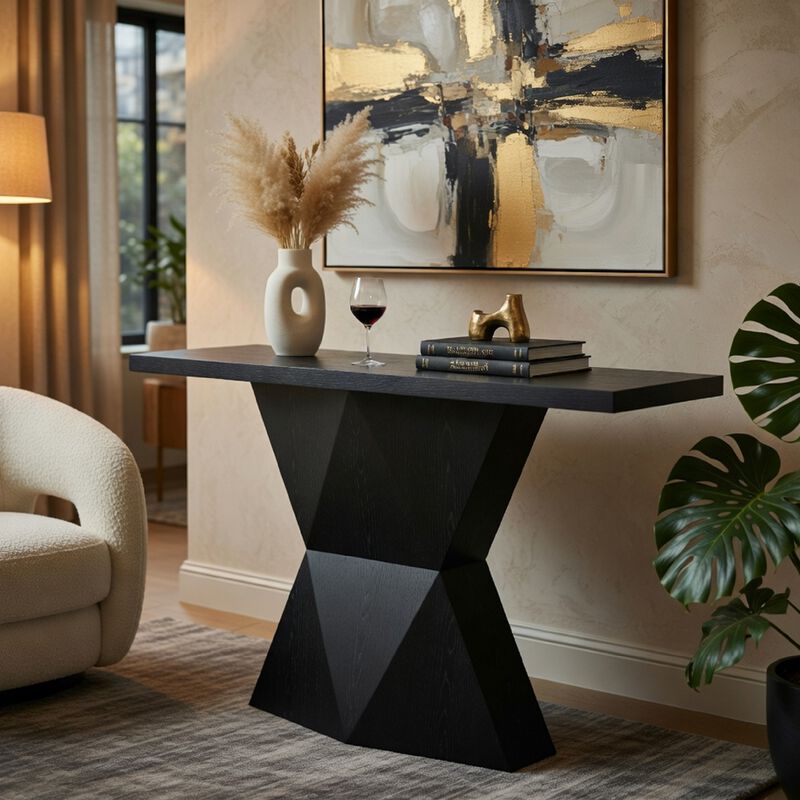 Kia Sofa Console Table, 47 Inch Top, Geometric Pedestal Base, Black image number 8