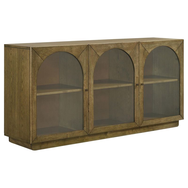 Givy Sideboard Buffet, 3 Arched Glass Doors 71 Inch Natural Brown Wood - Benzara
