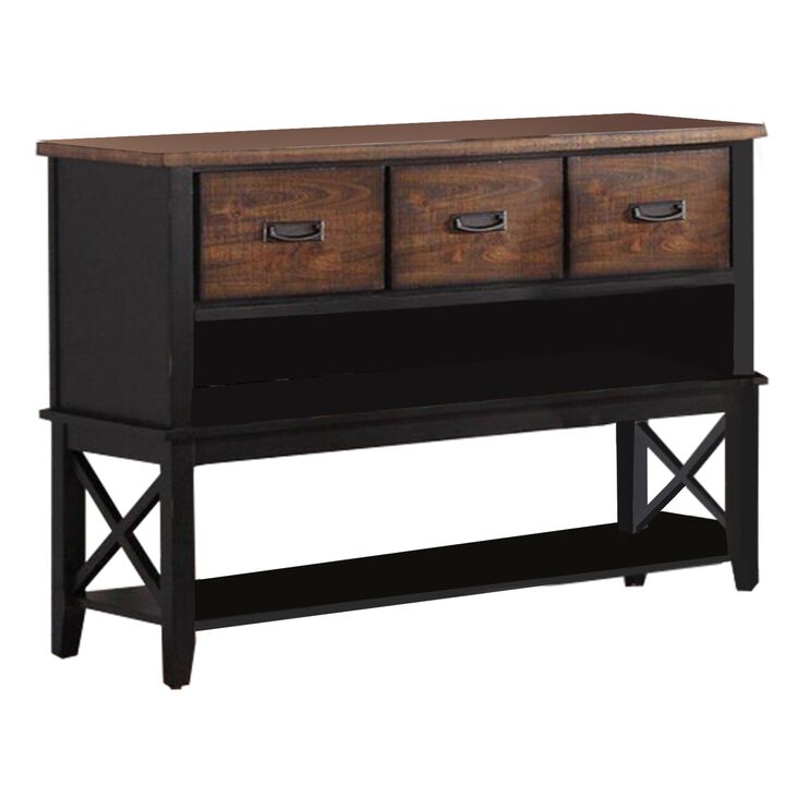 Dual Tone Rubber Wood Server With Spacious Storages Black and Brown - Benzara