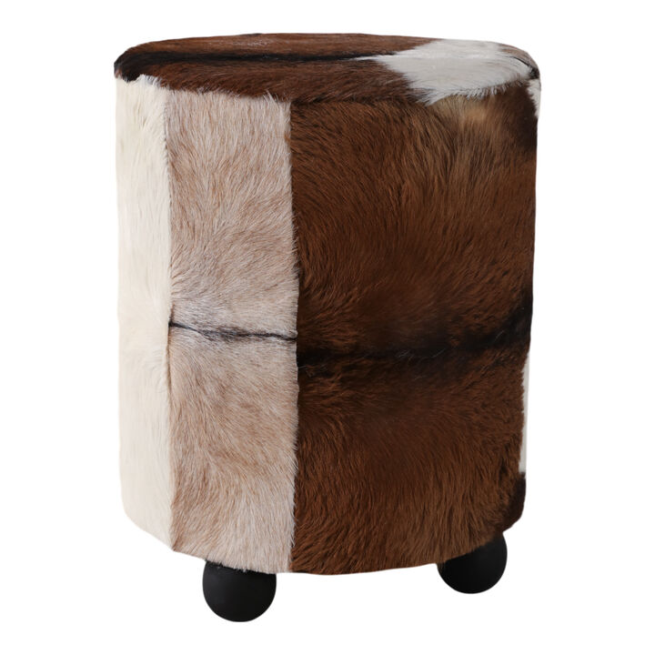 20x16" Hair On Hide Ottoman With Ball Feet, Brown