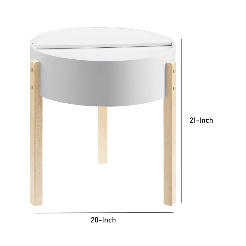 Round Wooden End Table with Hidden Storage, White and Brown-Benzara image number 5