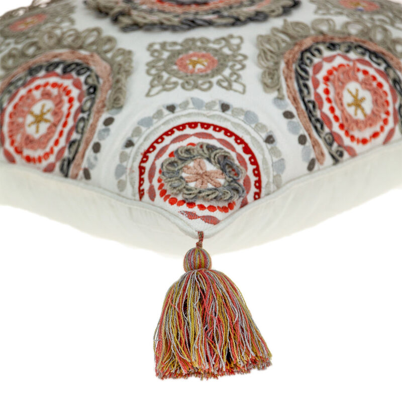 HomeRoots 18" Red and White Floral Cotton Throw Pillow With Embroidery, Tassels image number 3