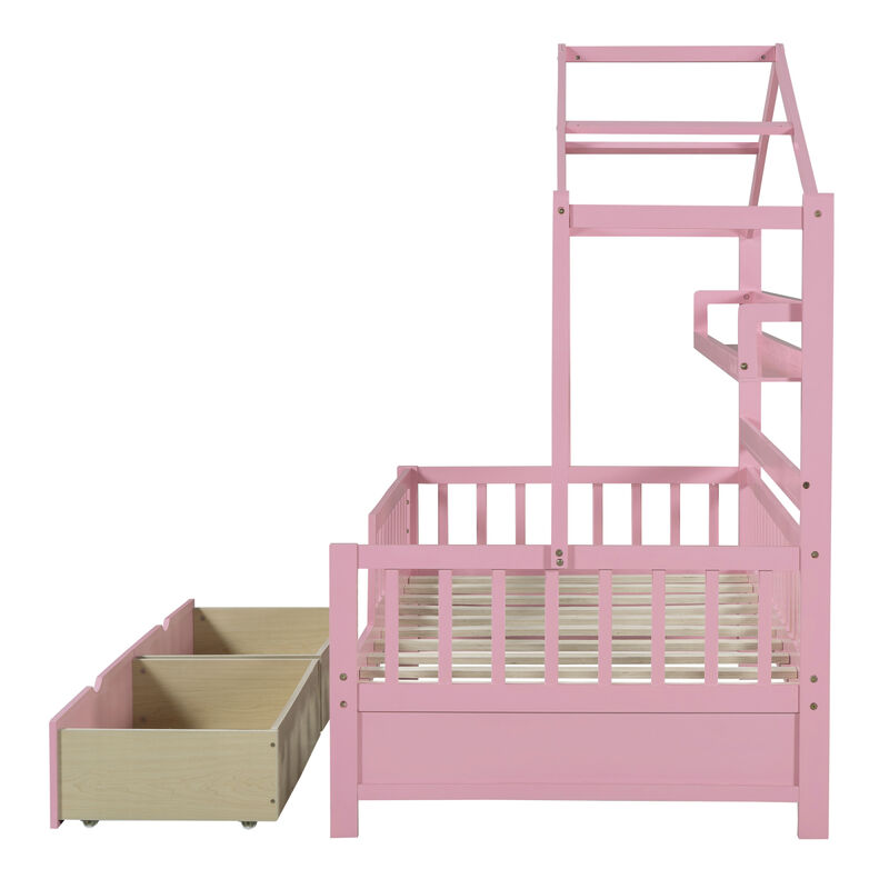 Wooden Twin Size House Bed with 2 Drawers, Kids Bed with Storage Shelf, Pink