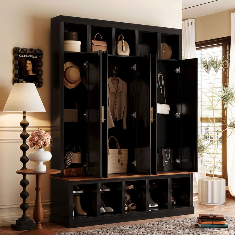 Merax All-in-One Hallway Organizer with 3 Closed Lockers, Inner Hooks & Hanging Rods Hall Tree image number 2