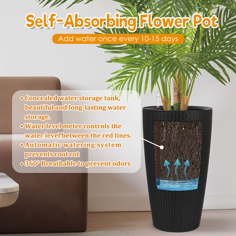 WOW PIONEER Set of 2 Large Faux Rattan Tall Planters for Indoor Outdoor Use with Automatic Watering System Water Level Monitor Inner Bucket for Garden Patio Porch Backyard image number 3