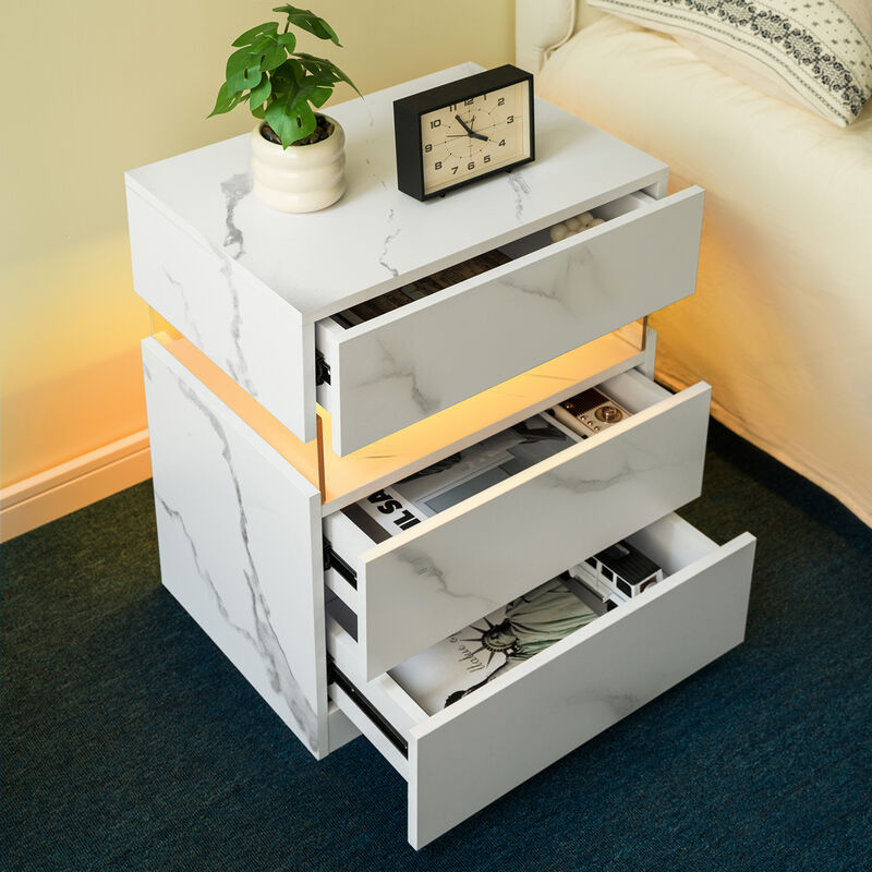 TATEUS Acrylic LED Nightstand with 3 Drawers, Lighted Bedside Table Dresser for Bedroom End Furniture