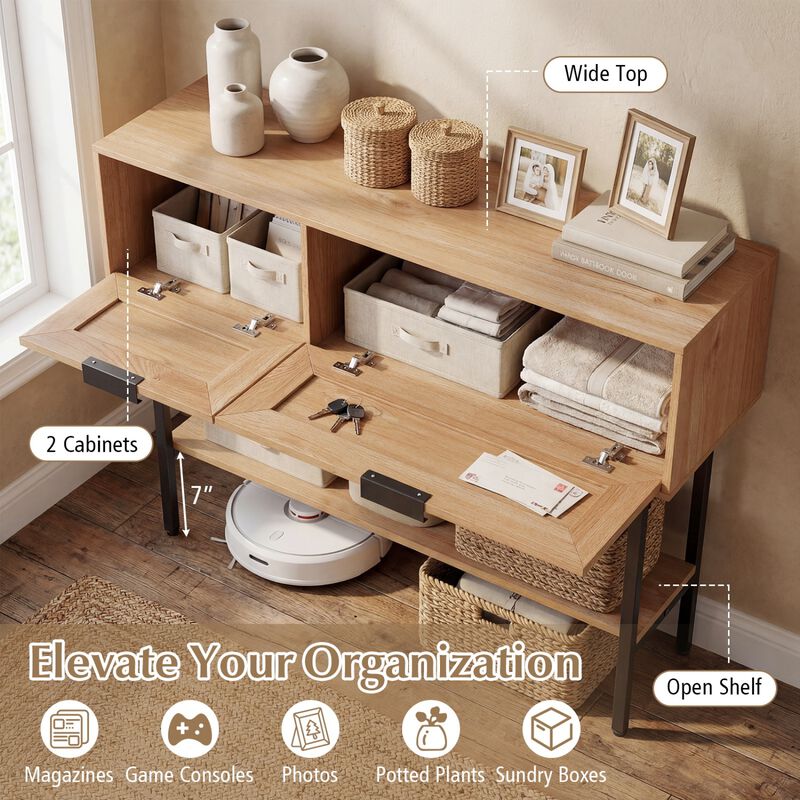 Rattan Entryway Console Table with Storage Cabinets Shelf and Metal Frame image number 7