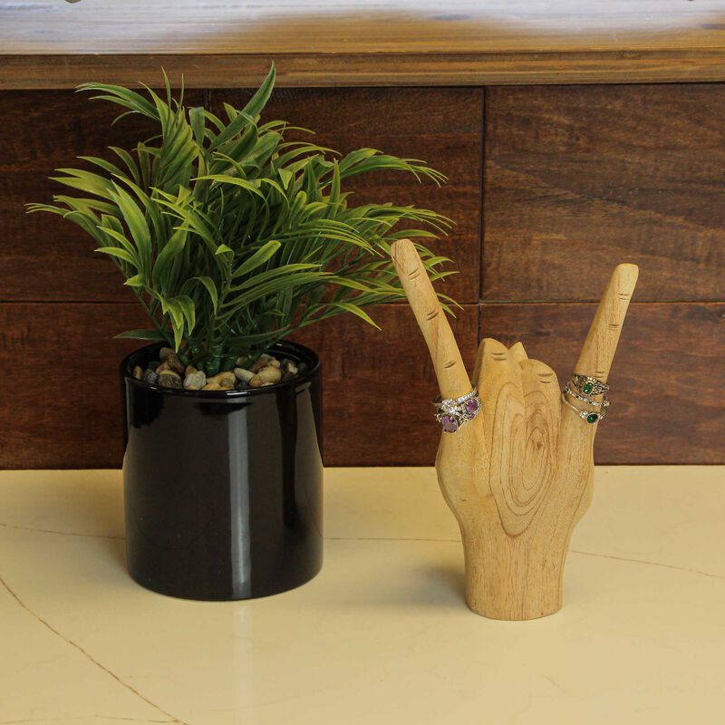 Carved Wooden Rock On Devil Horns Hand Gesture Statue Natural Finish Home Decor image number 6