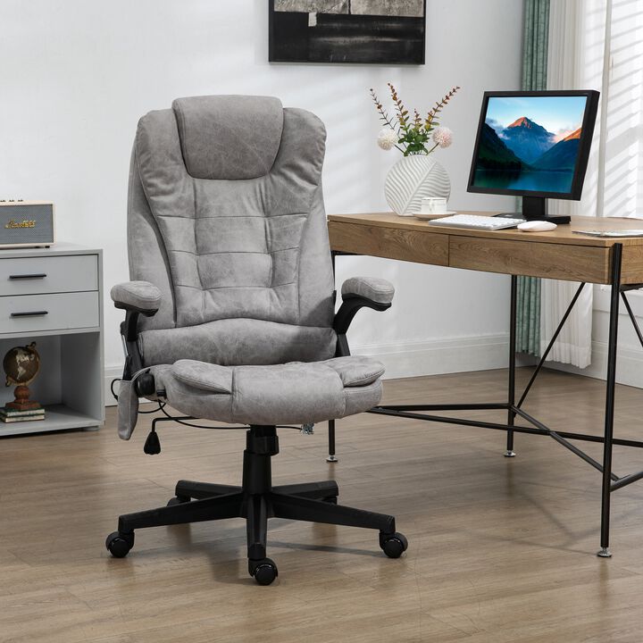 6 Point Vibrating Heated Massage Office Chair, Linen High Back Office Desk Chair, Reclining Backrest, Padded Armrests & Remote, Gray