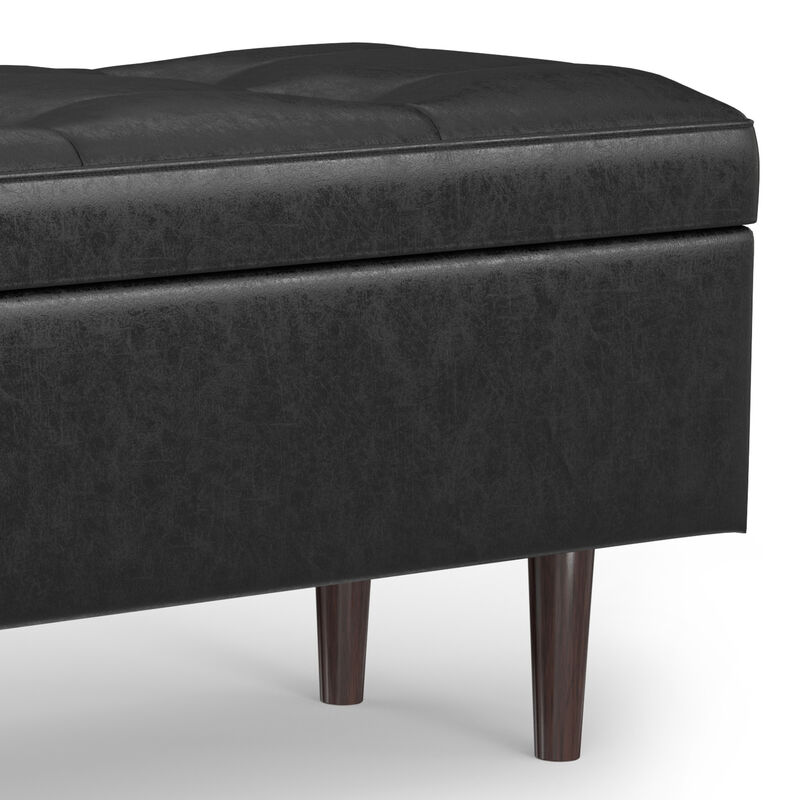 Shay 48 inch Wide Mid Century Modern Rectangle Mid Century Rectangular Storage Ottoman in Distressed Black Vegan Faux Leather, Assembled