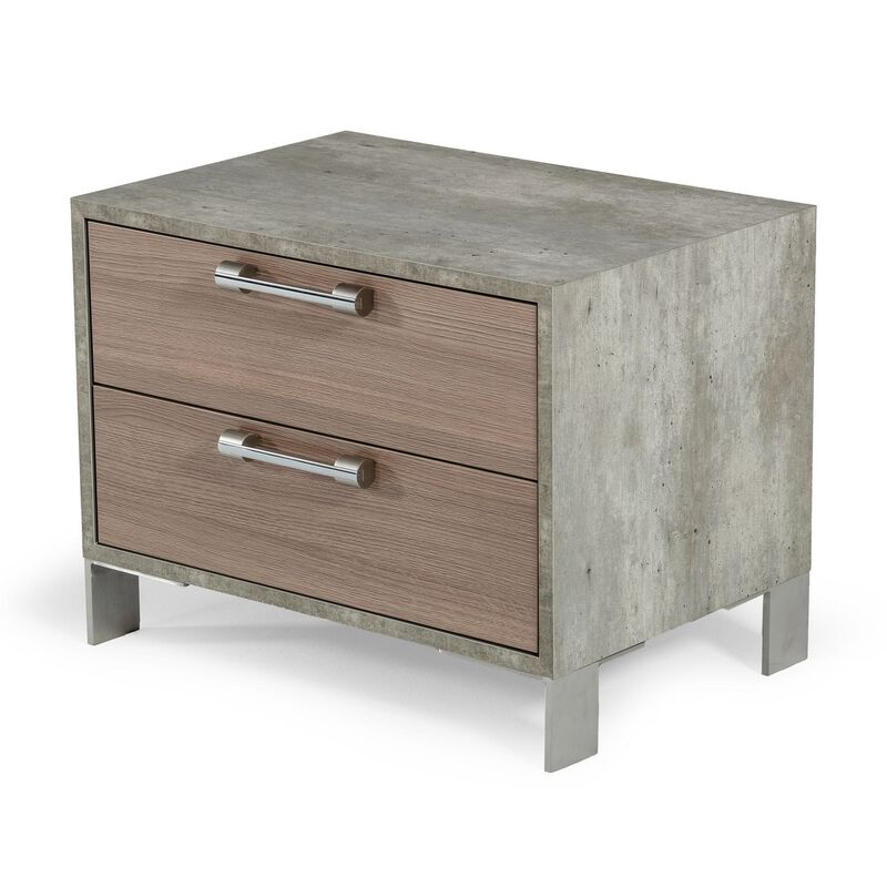 Noe Billy 26 Inch Nightstand, 2 Drawers, Gray Faux Concrete, Oak Laminate  - Benzara