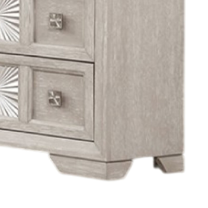 Diaz Wide Dresser, 6 Drawers, Sunburst Metal Design, Light Gray Wood - Benzara