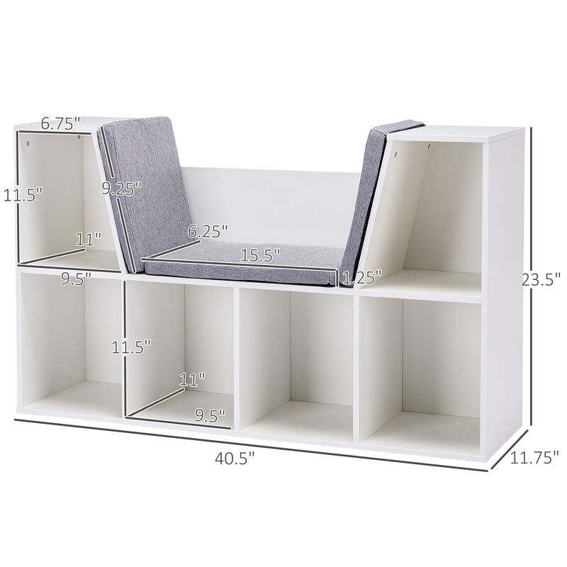 6-Cubby Kids Bookcase, Reading Nook Organizer with Seat Cushion, Toddler Storage Cabinet Shelf for Playroom Bedroom White, 40.5" x 12" x 23.5" image number 3