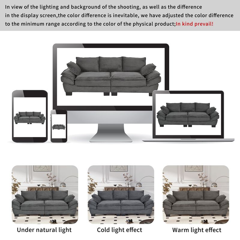 Clihome 85.4" Modern Curved Corduroy Fabric Couch Sofa,Back Upholstered Couch with 2 Decorative Throw Pillows image number 3