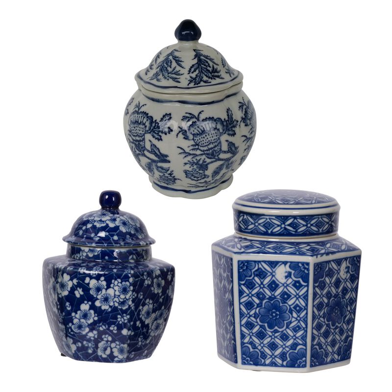 6, 6, 7 Inch Lidded Jars, Persian Inspired Blue Flowers, Curved, Set of 3 - Benzara