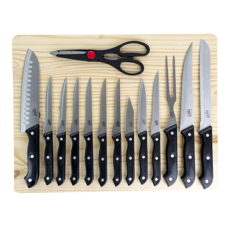 Gibson Home Wildcraft 15 Piece Stainless Steel Cutlery Set with Pine Wood Cutting Board image number 1