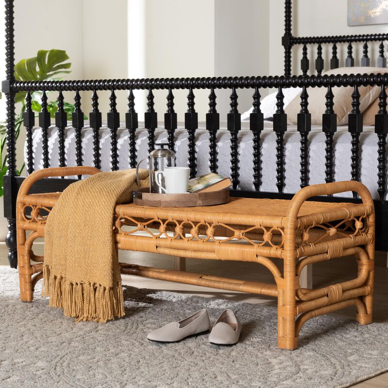 bali & pari Ayala Natural Rattan Accent Bench - Handwoven Wicker Accent Seating with Decorative Apron and Integrated Handles for Living Room, Bedroom, Or Entryway image number 6