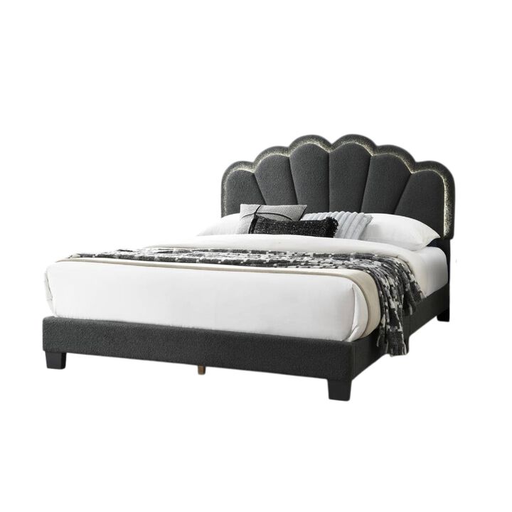 Geny Queen Size Bed, Charcoal Gray Wool Upholstery and LED, Glam Arch - Benzara