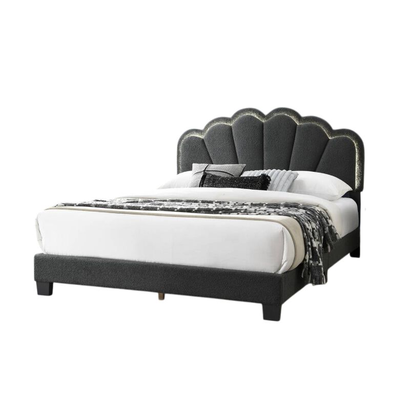 Geny Queen Size Bed, Charcoal Gray Wool Upholstery and LED, Glam Arch - Benzara