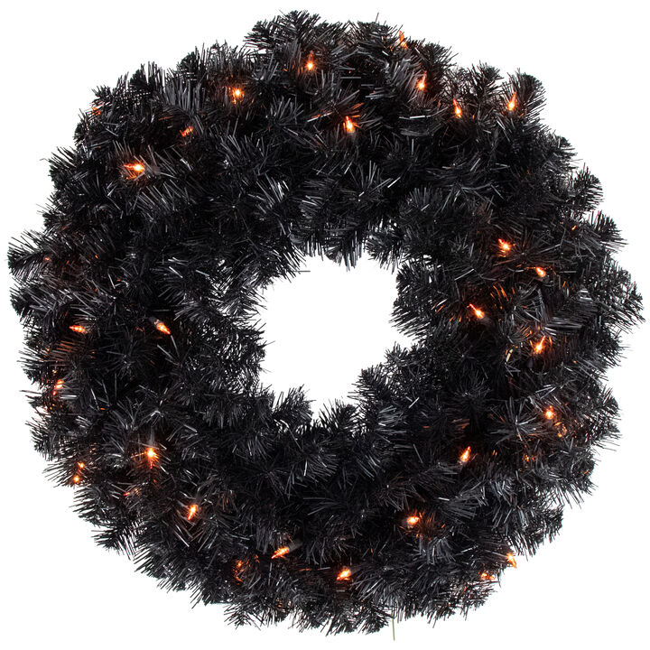 Pre-Lit Black Noble Spruce Artificial Halloween Wreath  24-Inch  Orange Lights