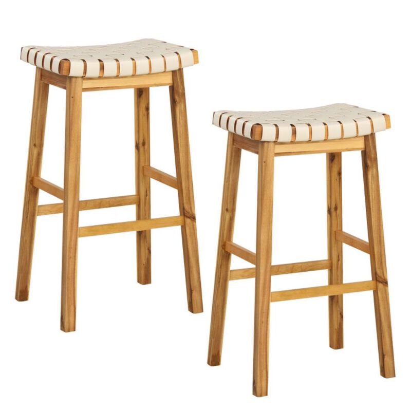 Hivvago Faux PU Leather Bar Stools Set of 2 with Woven Curved Seat Natural