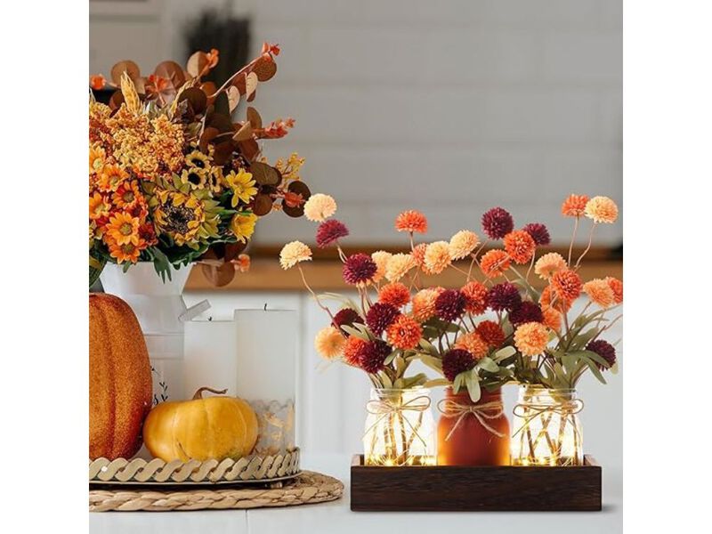 3-Piece Fall Mums Mason Jar Centerpiece – Faux Kiku Flowers with LED Lights & Wood Tray for Thanksgiving Table & Kitchen Decor