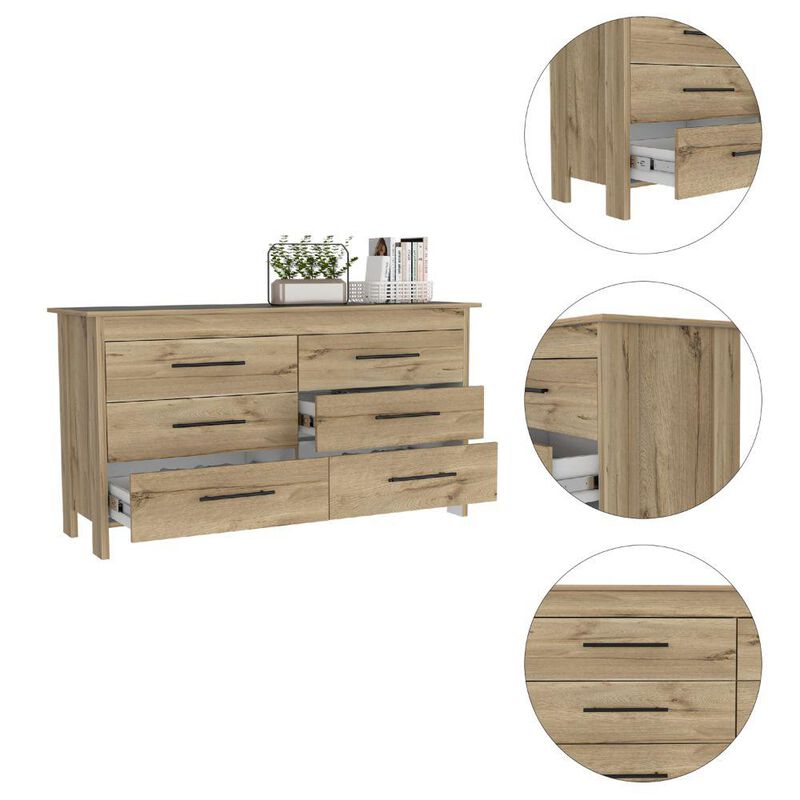 DEPOT E-SHOP Paris 6 Drawer Double Dresser -Six Drawers, Four Legs, Countertop-Light Oak/White. For Bedroom