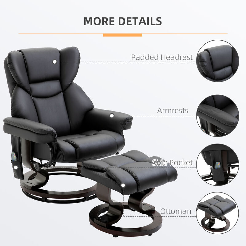 HOMCOM Massage Recliner Chair with Ottoman Footrest, 360° Swivel Reclining Chair, Faux Leather Living Room Chair with 10 Vibration Points, Adjustable Backrest, Side Pocket and Remote Control, Black