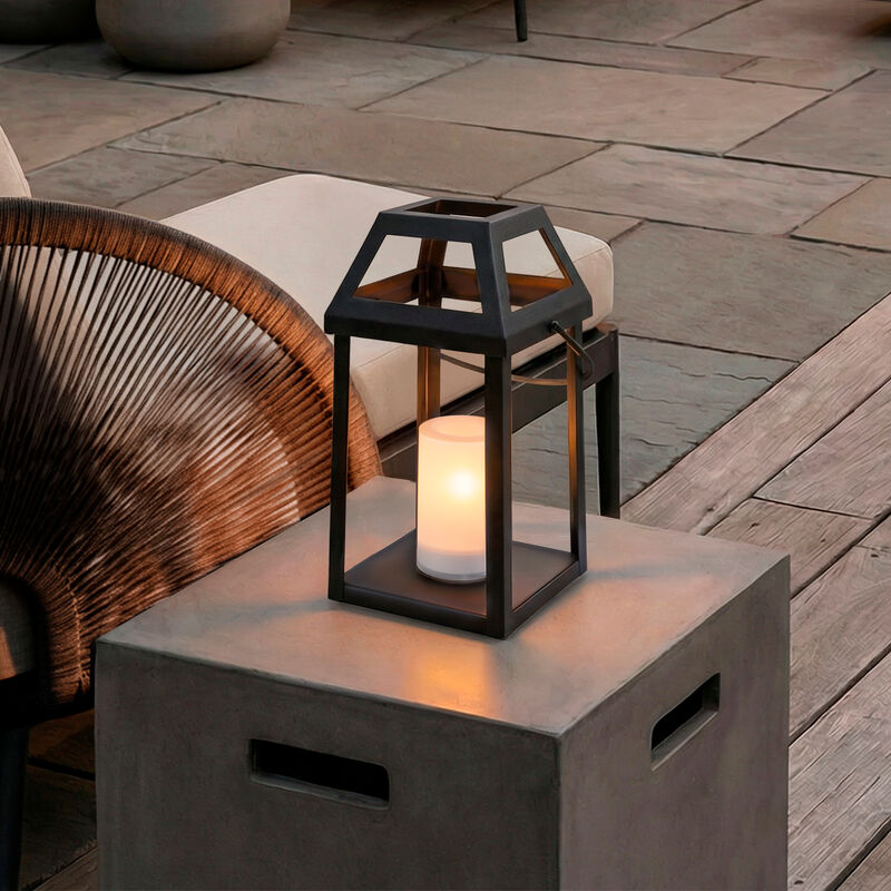H13&rdquo; Solar Outdoor Lantern with Flickering Candle Modern Metal Solar Lantern with Handle, Waterproof Patio Table & Hanging Light Auto On/Off for Garden Deck image number 2