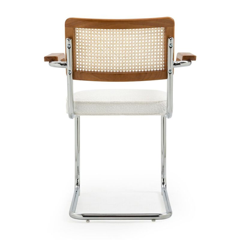 Glamour Home Set of 2 White Boucle Fabric Dining Chair Rattan Backrest and Chrome Legs