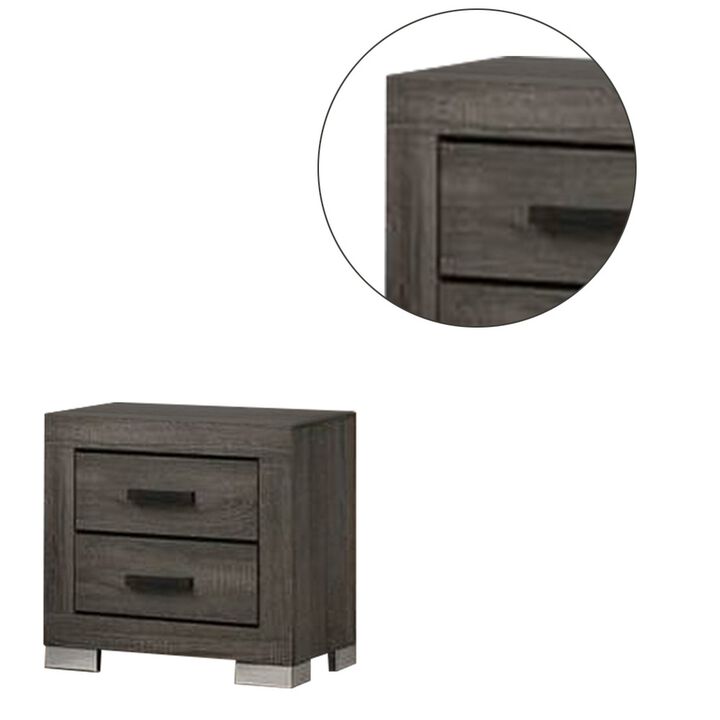 Lola 22 Inch Wood Nightstand with 2 Drawers, Metal Bar Handles, Dark Gray - Benzara