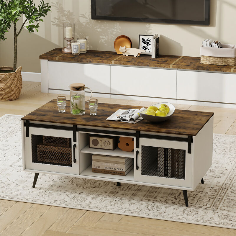 Farmhouse Coffee Table with Sliding Doors Rectangular with Adjustable Shelf-Rustic Brown image number 3
