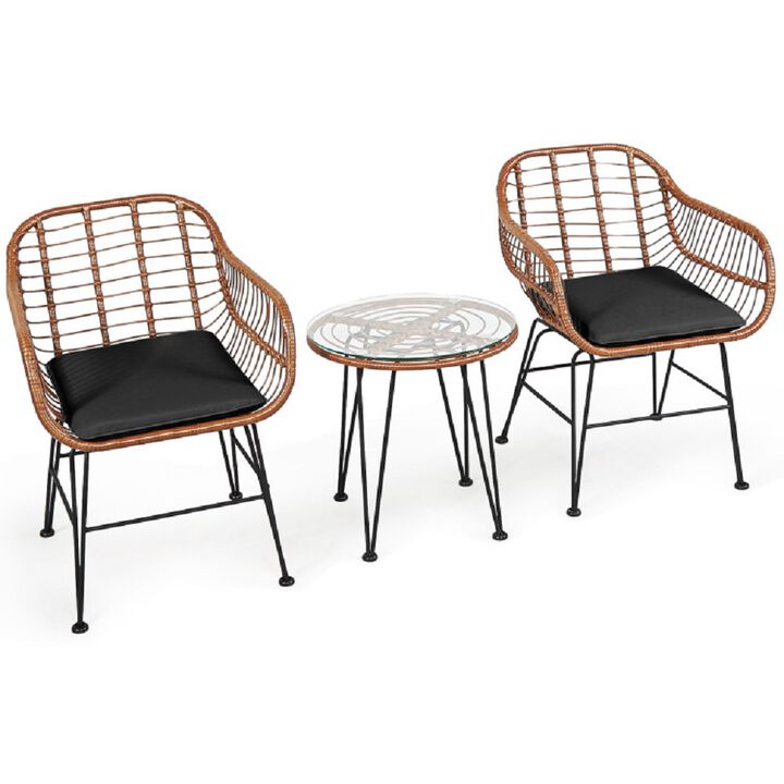 Patio Bistro Set – 3-Piece Rattan Furniture Set with Cushioned Seats & Coffee Table