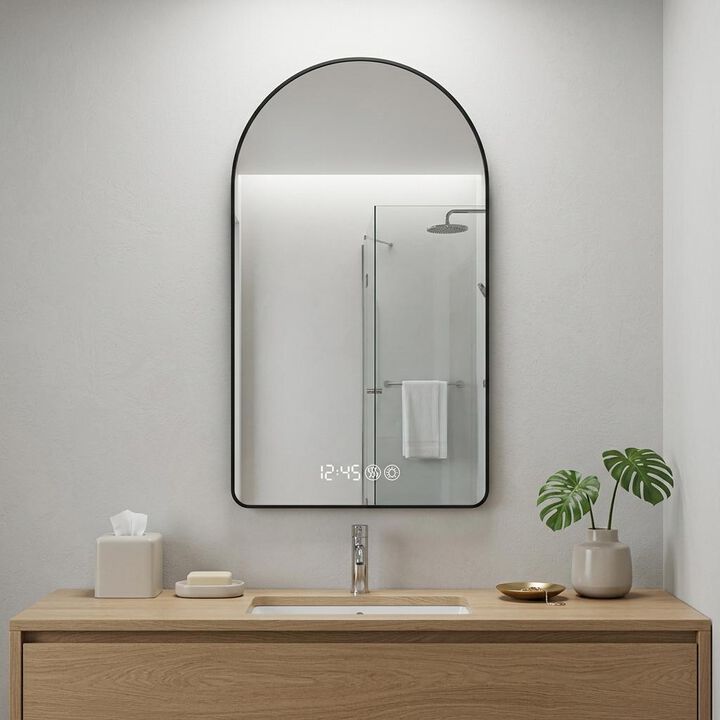 HomeRoots 48" Black Aluminum Arch Lighted Framed Anti Fog Bathroom Vanity Mirror