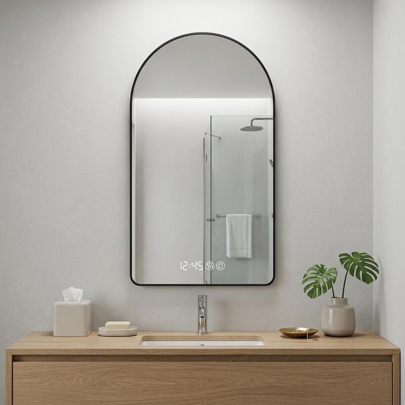 HomeRoots 48" Black Aluminum Arch Lighted Framed Anti Fog Bathroom Vanity Mirror image number 1