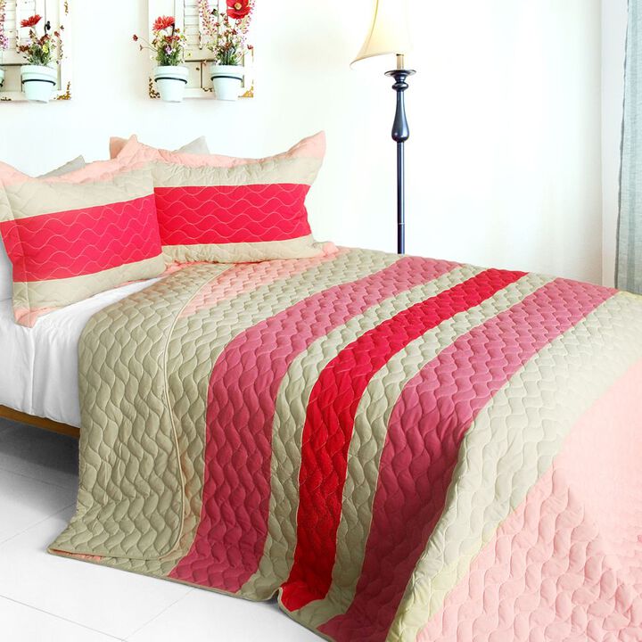 Vermicelli Quilted Patchwork Quilt Set 3 Piece for Cozy Bedroom Decor-Pink