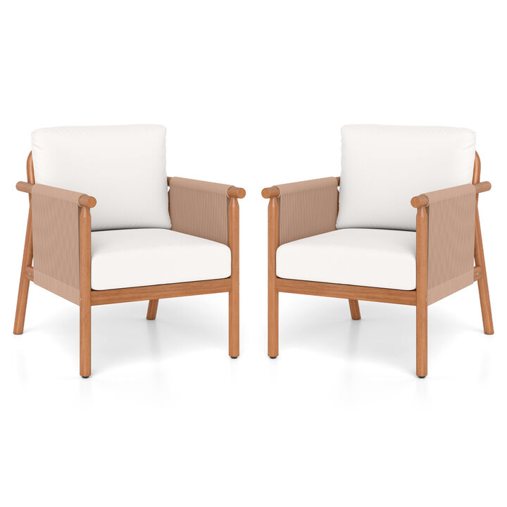 Set of 2 Outdoor Acacia Wood Chairs with Woven Rope Armrests and Cushions