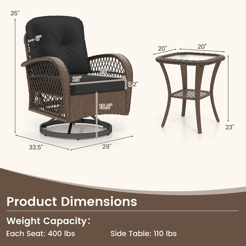 3 Piece Patio Swivel Rocker Set with Tempered Glass Side Table and Thick Cushions image number 4