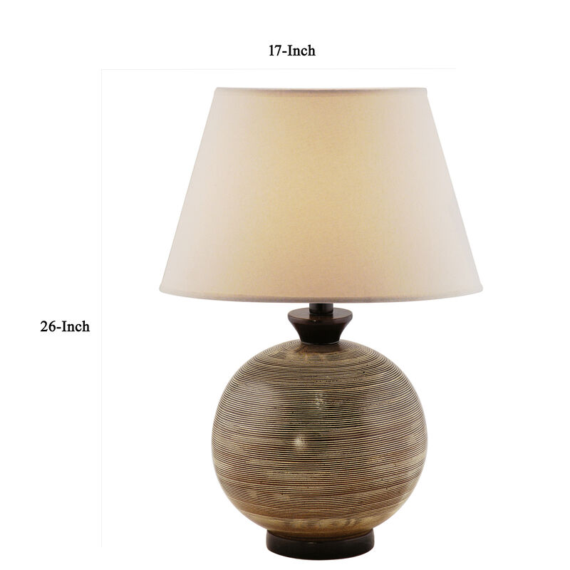 Cleo 26 Inch Table Lamp, Sphere Base, Lines, Chocolate Brown, Fabric Shade  - Benzara image number 5