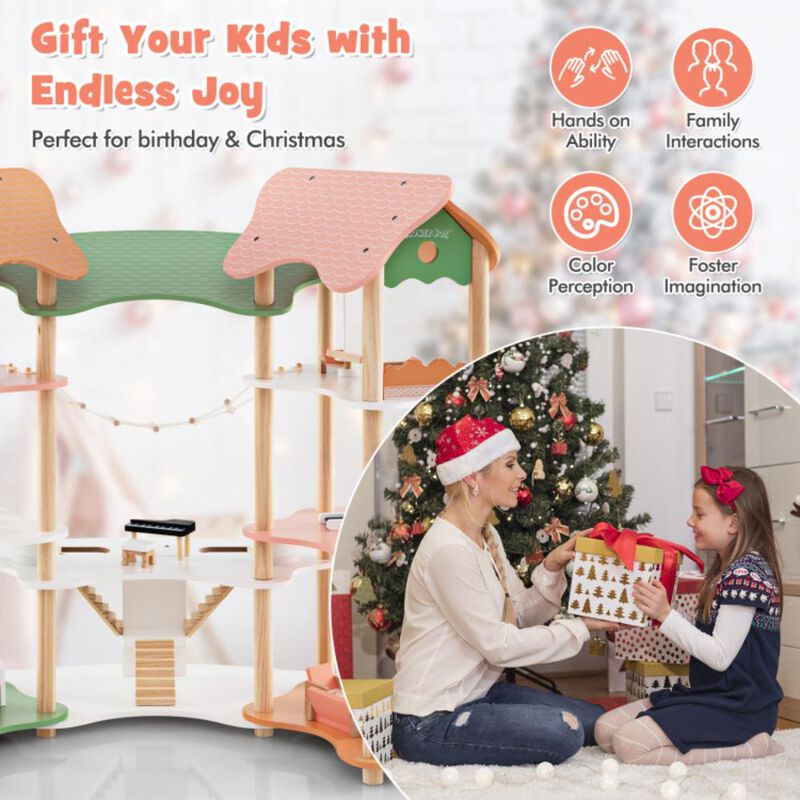 Hivvago 3-Tier Wooden Dollhouse for Kids Aged 3-8 Years Old with 32 Pieces of Accessories