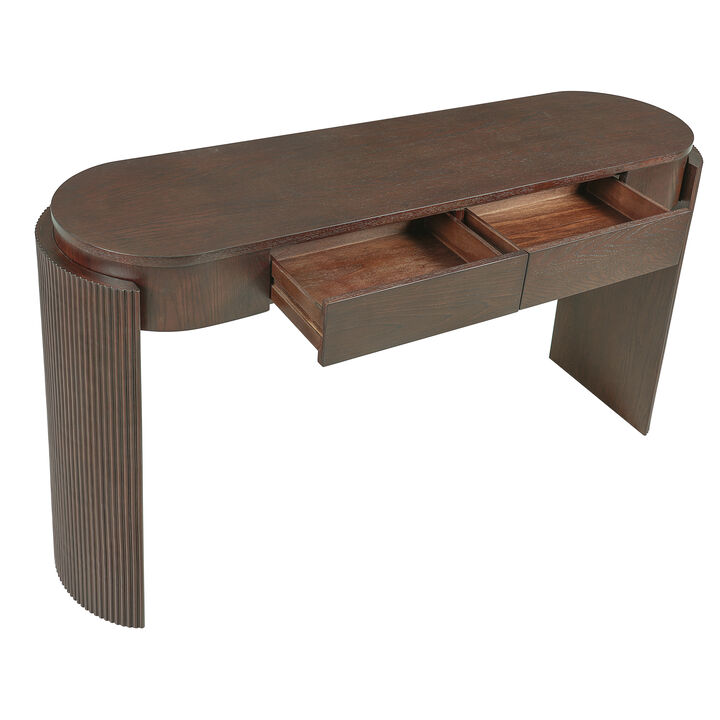 Merax Entryway Table with Natural Wood Grain Finish, Console Table with Fluted Design, Oval Top and 2 Drawers