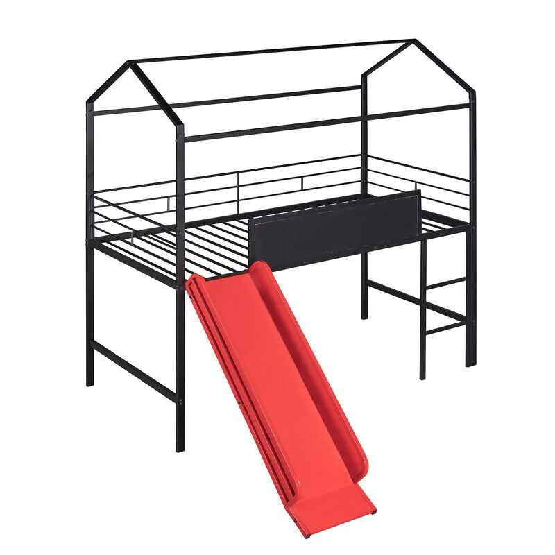 Whisen Metal House Bed With Slide, Twin Size Metal Loft Bed with Two-sided writable Wooden Board - Black and Red